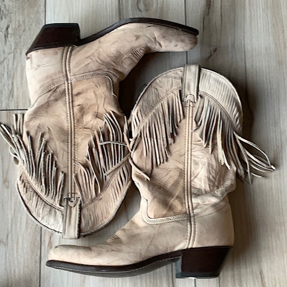 Leather Cowboy Boots Fringe Buff Cream Western Festival Soft Dance worn slouchy